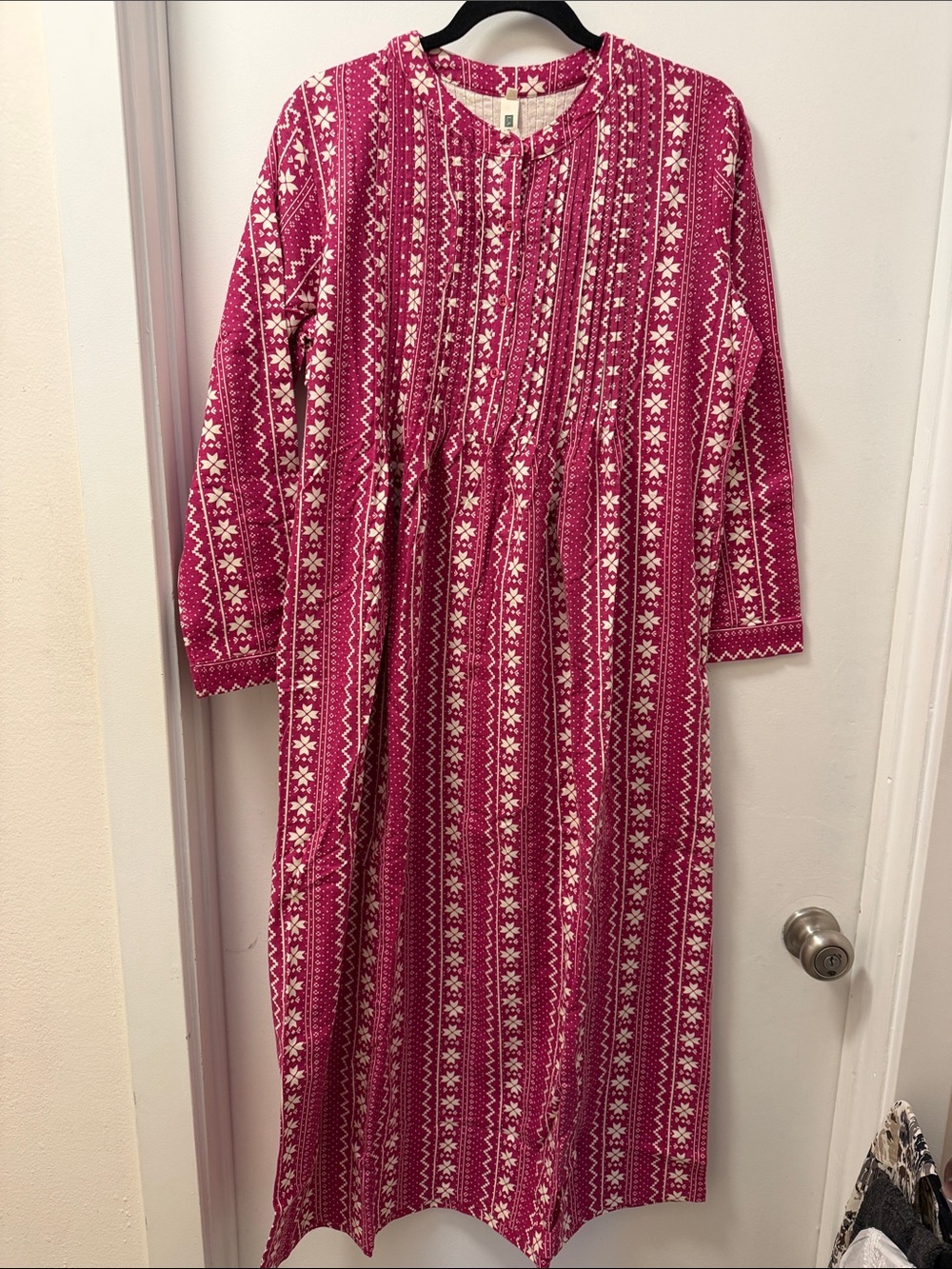 La Cera Pink Flannel Snowflake Nightgown